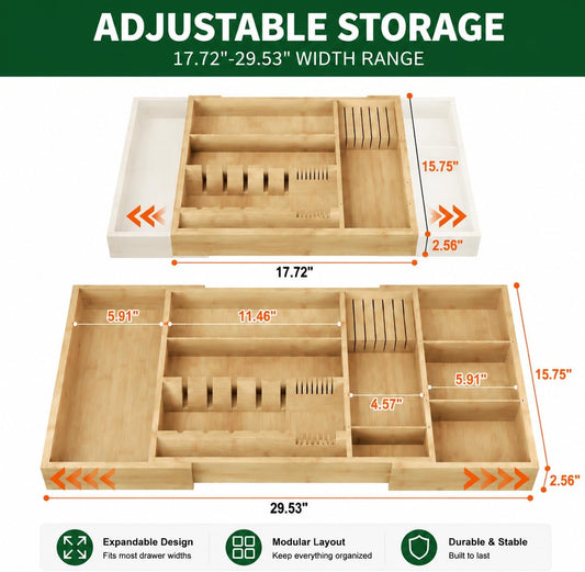 Bamboo Expandable Kitchen Drawer Organizer, 17.7-29.5 in,Natural