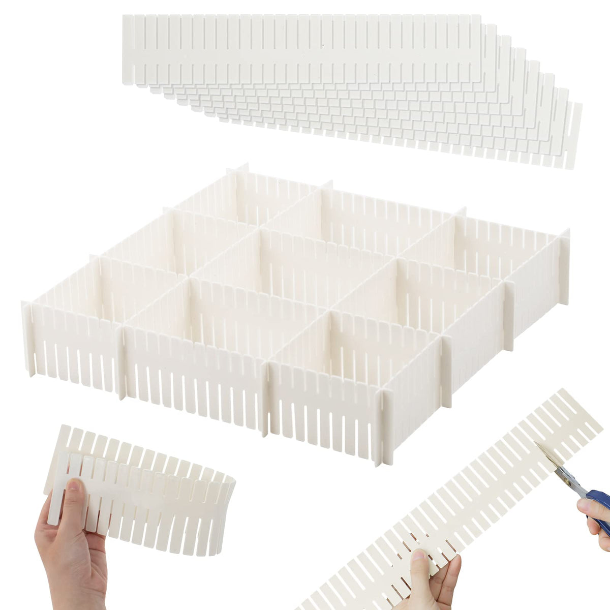 14.5 in White Adjustable Drawer Dividers, TWUTGAYW 8PC DIY Grid Drawer Organizer Dividers, Plastic Organizer Separator for Socks Underwear Makeup Cosmetic Clothes Can Help Tidy Kitchen Bedroom Dresser
