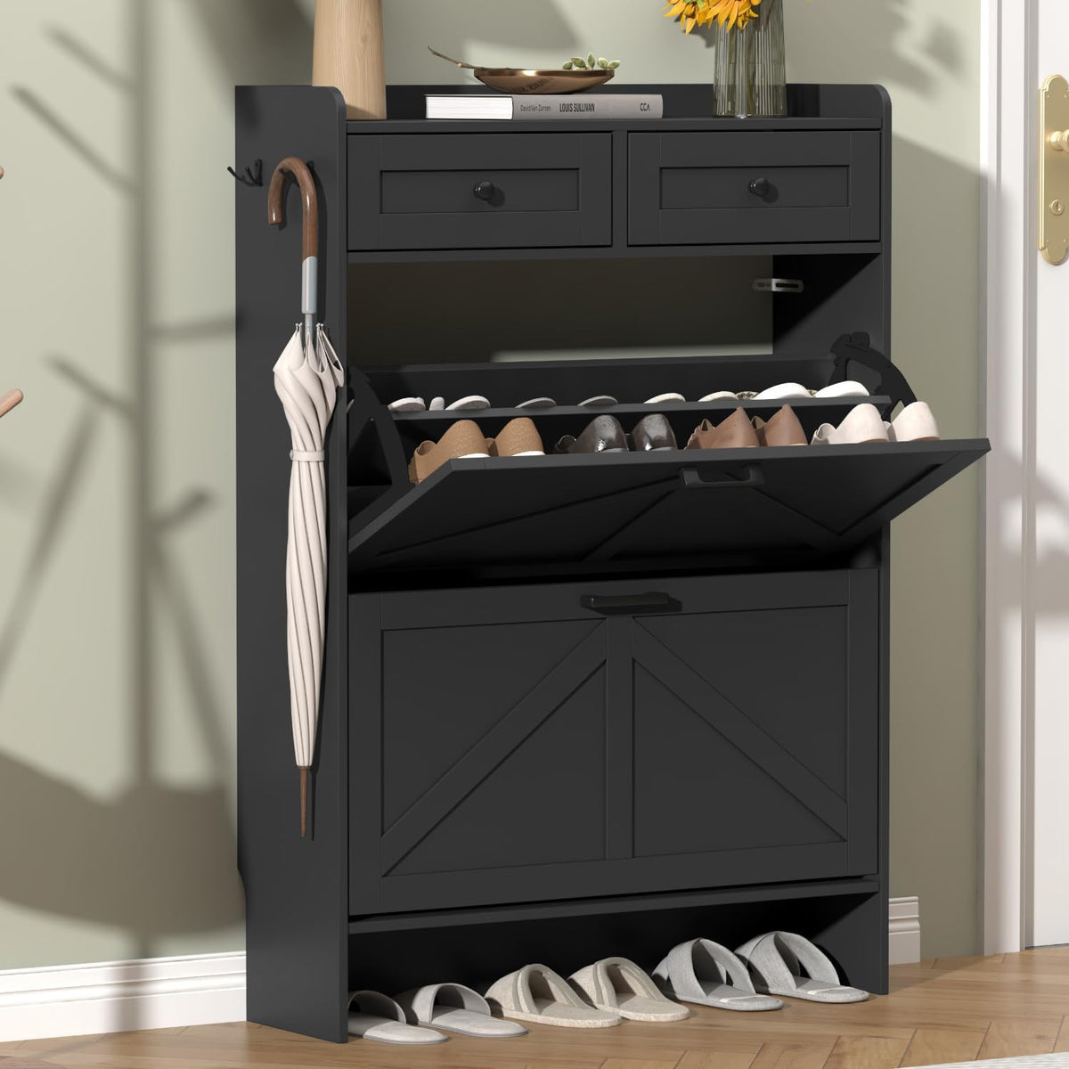 Thacuok Black Shoe Cabinet with 2 Flip Drawers & 2 Storage Drawers, Rustic Farmhouse Narrow Shoe Organizer Cabinet, Slim Shoe Rack Cabinet, Shoe Storage Cabinet for Entryway, Hallway