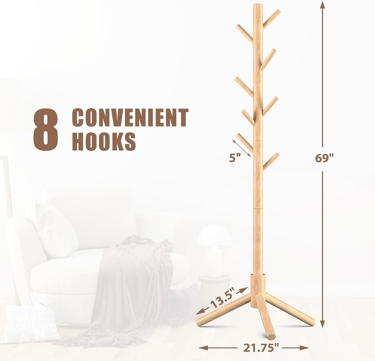 Haddockway 3 Adjustable Freestanding Wooden Coat Rack Stand 8 Hooks,Hallway