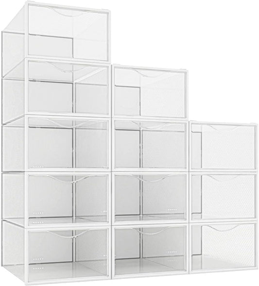 Seseno 12 Pack Shoe Storage Bins, Clear Plastic Stackable Shoe Organizer for Closet, Space Saving Foldable Shoe Rack, Shoe Box Sneaker Holder Container