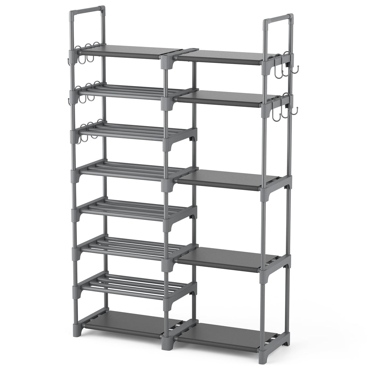 ROJASOP Shoe Rack Organizer, 8-Tier Metal Shoe Rack for Closet Entryway Garage, 26-32 Pairs Tall Shoe Boot Storage Shelf with 15 Hooks, Stackable Large Shoe Stand