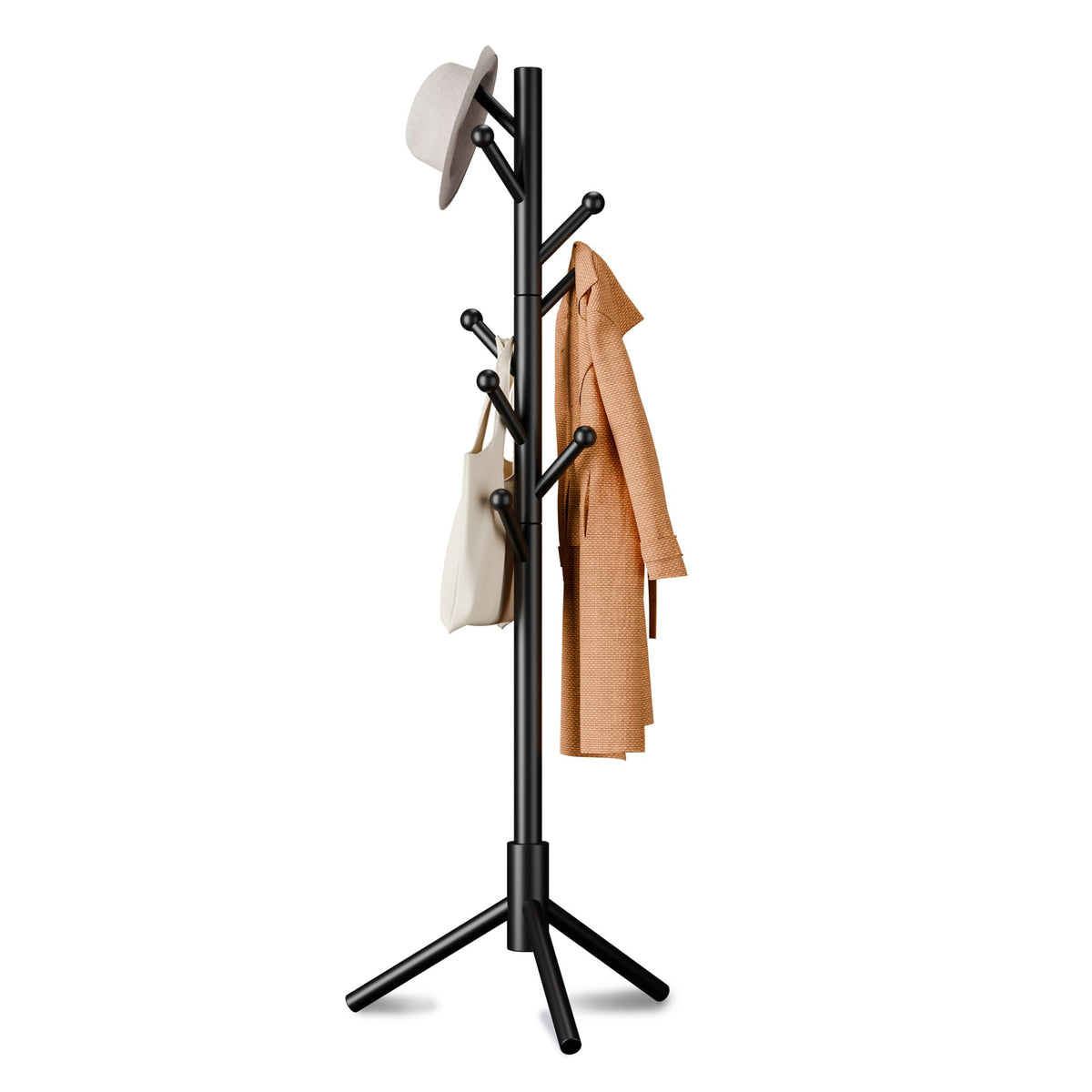 8-Hook Freestanding Coat Rack 3 Heights Safe Round Tips Black