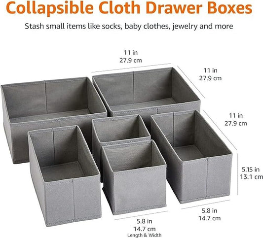 Amazon Basics Collapsible Cloth Drawer Organizer Boxes for Socks, Underwear and Baby Clothes, Storage Bins, Gray, Set of 6