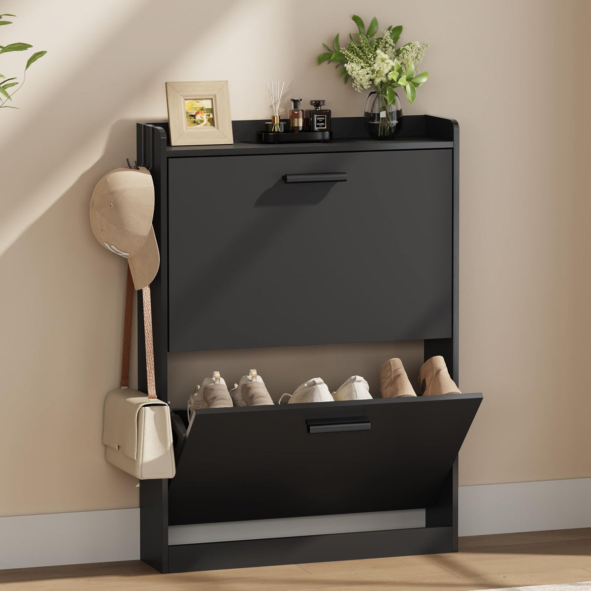 Slim Shoe Cabinet for Entryway with 2 Flip Drawers, 23.6" W White