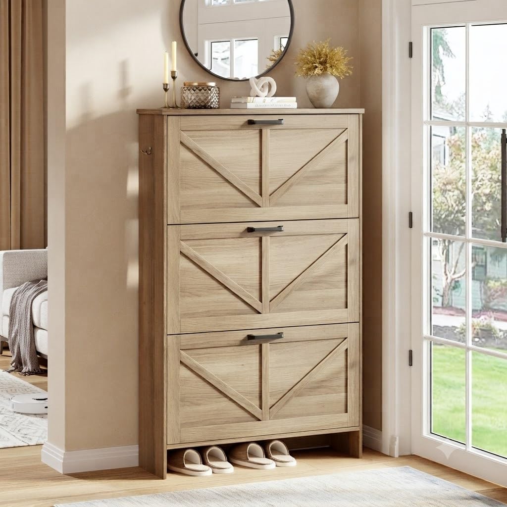 Nicetree Shoe Cabinet, 3 Flip Drawers & Adjustable Shelves, Ultra Slim Freestanding (9.1” Deep), Holds 30 Pairs, Narrow Shoe Storage Cabinet with Anti-Tip Safety, Modern Farmhouse White Walnut