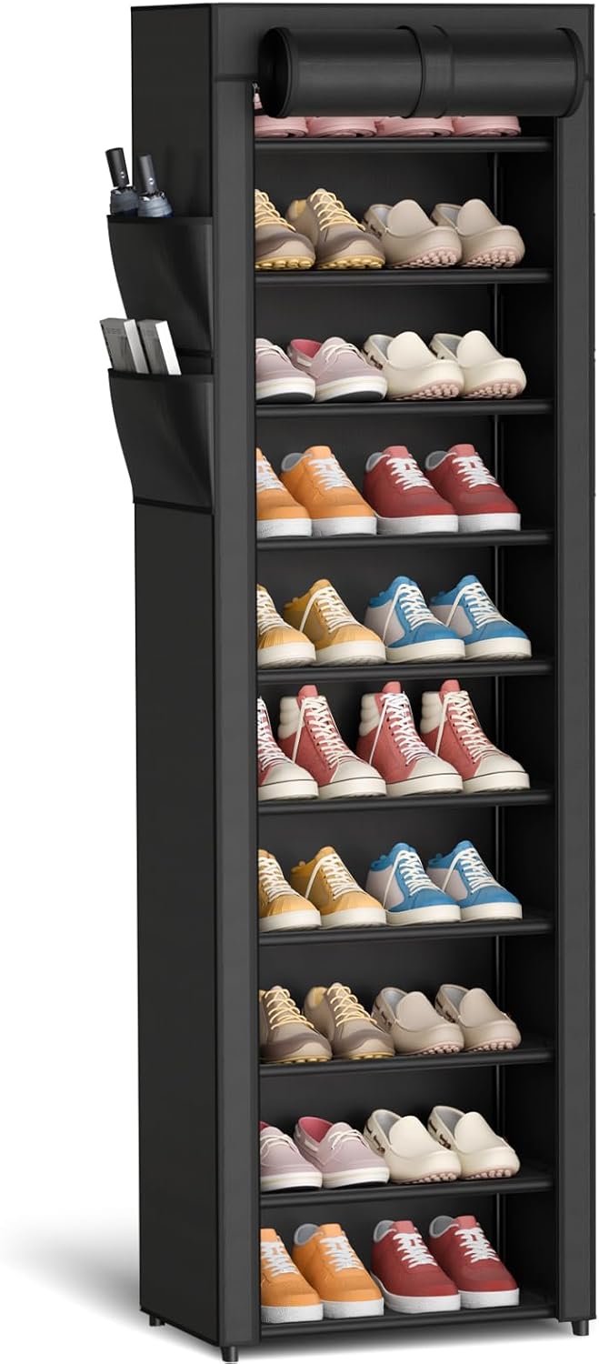 Kitsure 10-Tier Shoe Rack with Cover, Vertical Shelf, 17.5" Wide, Black