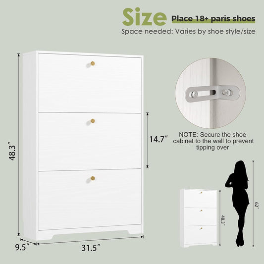 Nicetree Shoe Cabinet with 3 Flip Drawers, Modern Entryway Organizer, White