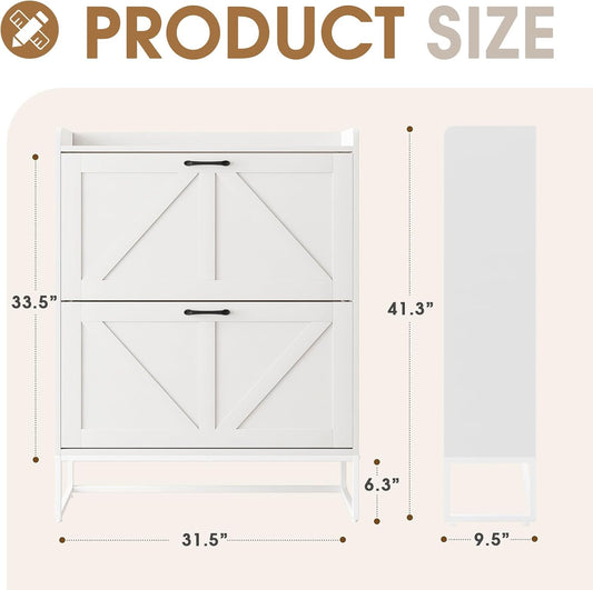 GRUSIGN Shoe Cabinet, Shoe Storage Cabinet with 2 Flip Drawers & Adjustable Shelf, Space-Saving Shoe Organizer – Holds 16+ Pairs, Narrow Shoe Cabinet Storage for Entryway/Hallway(White)