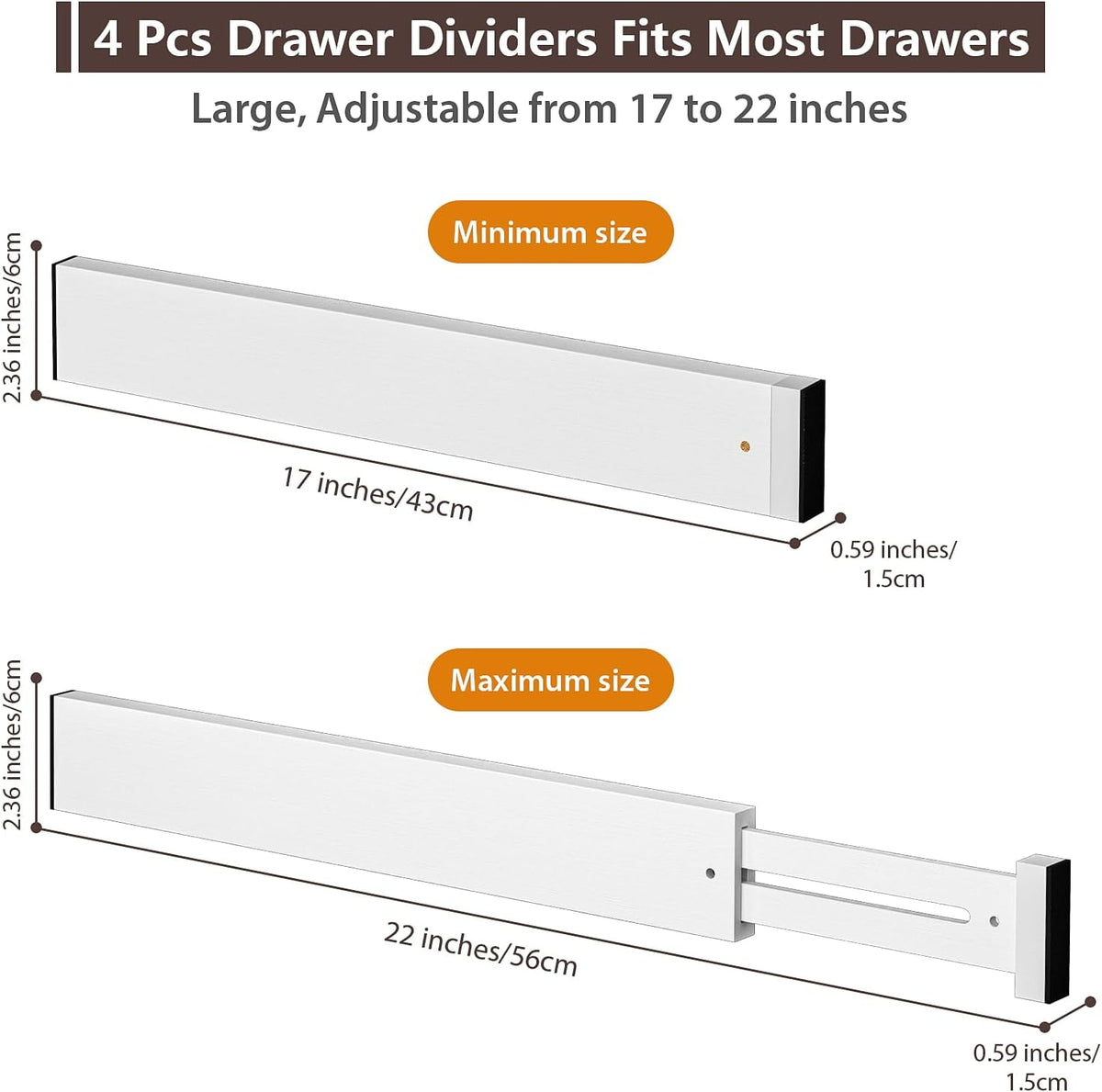 4 Pack Bamboo Drawer Dividers 17-22" Adjustable Kitchen Organizer, White