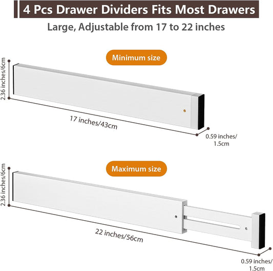 4 Pack Bamboo Drawer Dividers 17-22" Adjustable Kitchen Organizer, White