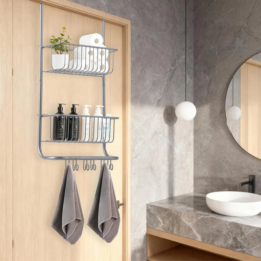 Gaomon Hangable Steel Over The Door Organizer, 2-Tier Hanging Storage Caddy with 6 Hooks, Heavy-Duty No-Drilling Rack for Bathroom, Bedroom, Space-Saving Solution, 11.8"x5.1"x24.2"