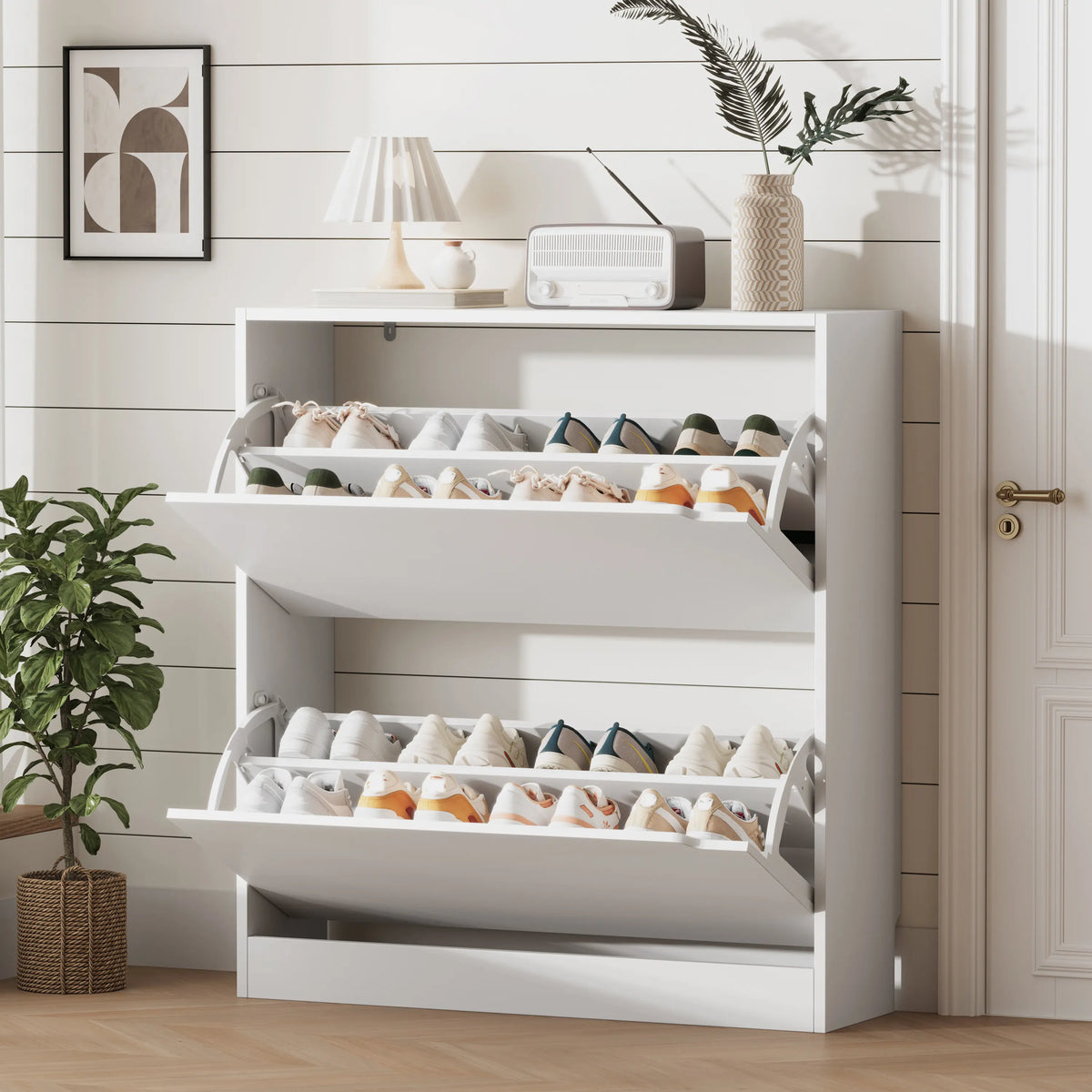 Shoe Storage Cabinet for Entryway with 2 Flip Drawers, Sturdy Wood Hidden Shoe Storage, Freestanding Narrow Slim Shoe Organizer for Front Door Entrance, Living Room, Hallway, Bedroom, Grey Natural Finish fathers day gift ideas