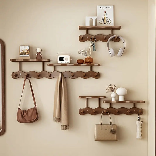 1pc Bamboo Wood Wall Mount Coat Rack with Hooks, Polished Finish, Easy Install, Casual Style, No Drilling Required, Multipurpose Organizer for Bedroom, Living Room, Entryway