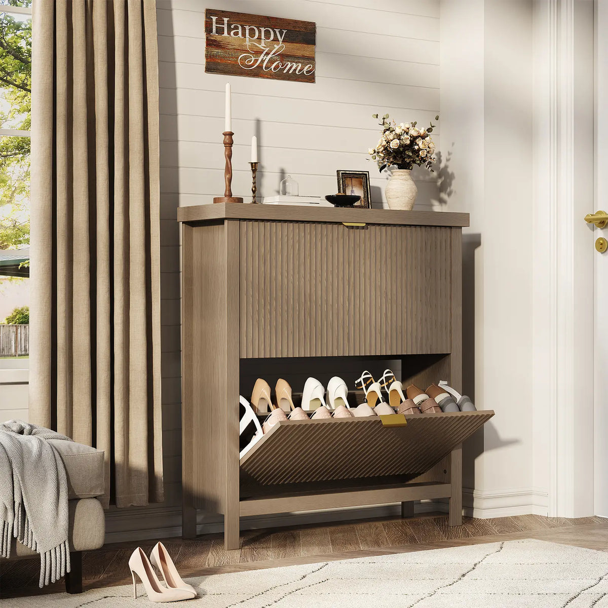 GARVEE 32.3" Narrow Wooden Shoe Storage Cabinet with 2 Flip Drawers - Slim Hidden Shoe Rack Organizer, Wall-Mount Option, Sturdy Base, Tilt-Out Design for Entryway, Small Spaces, Metal