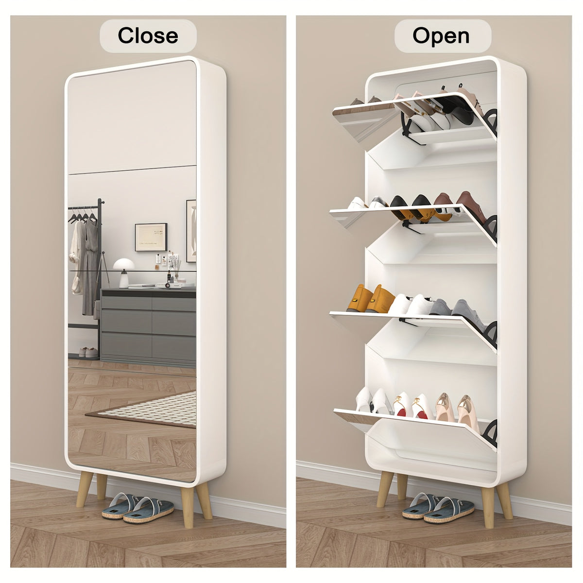 Organizedlife Declutter Your Entryway! 4-Drawer Mirrored Shoe Cabinet, Space-Saving Narrow Organizer with Flip Lids & Wood Legs, Hidden Storage for Up to 16 Pairs Of Shoes, Modern White Finish