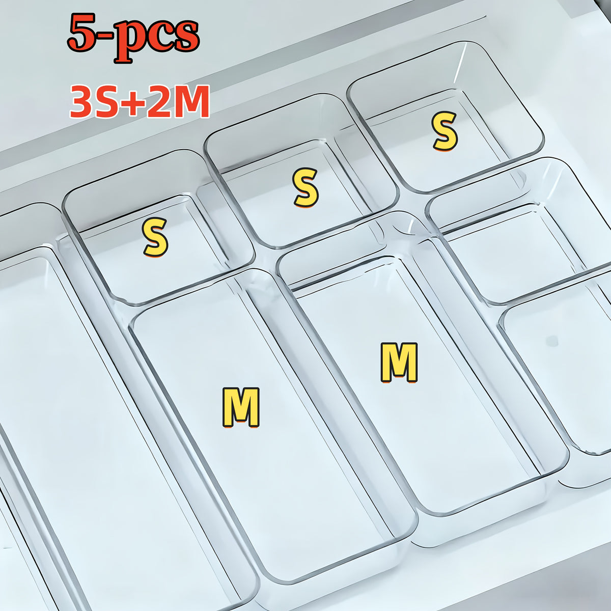 Bathroom Set of 5 Transparent Acrylic Drawer Organizers, Including Built-in Compartmentalized Organizers for Drawers, Countertop Storage Boxes, and Makeup Organizers. Ideal for Organizing and Storing Essentials, Cosmetics, Crafts, and Stationery.