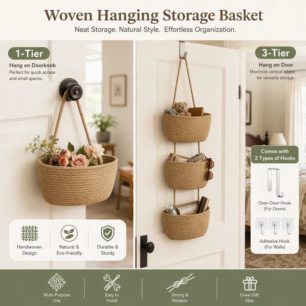 Woven Cotton Hanging Basket - 1-Tier & 3-Tier Options, Over-The-Door & Wall Mounting Home Organizer, Natural Look Home Decor, Floor Space Saver Multifunctional Bathroom Storage Basket