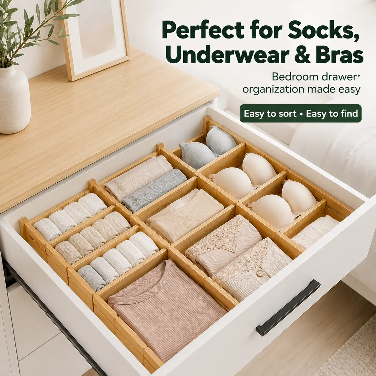Bamboo Drawer Dividers - Adjustable, Expandable, Customizable Size Organizer Set (4 Dividers + 9 Inserts) - Space-Saving Beauty Bedroom Vanity Organization Home Storage Holder for Closet Drawers, Closet Storage