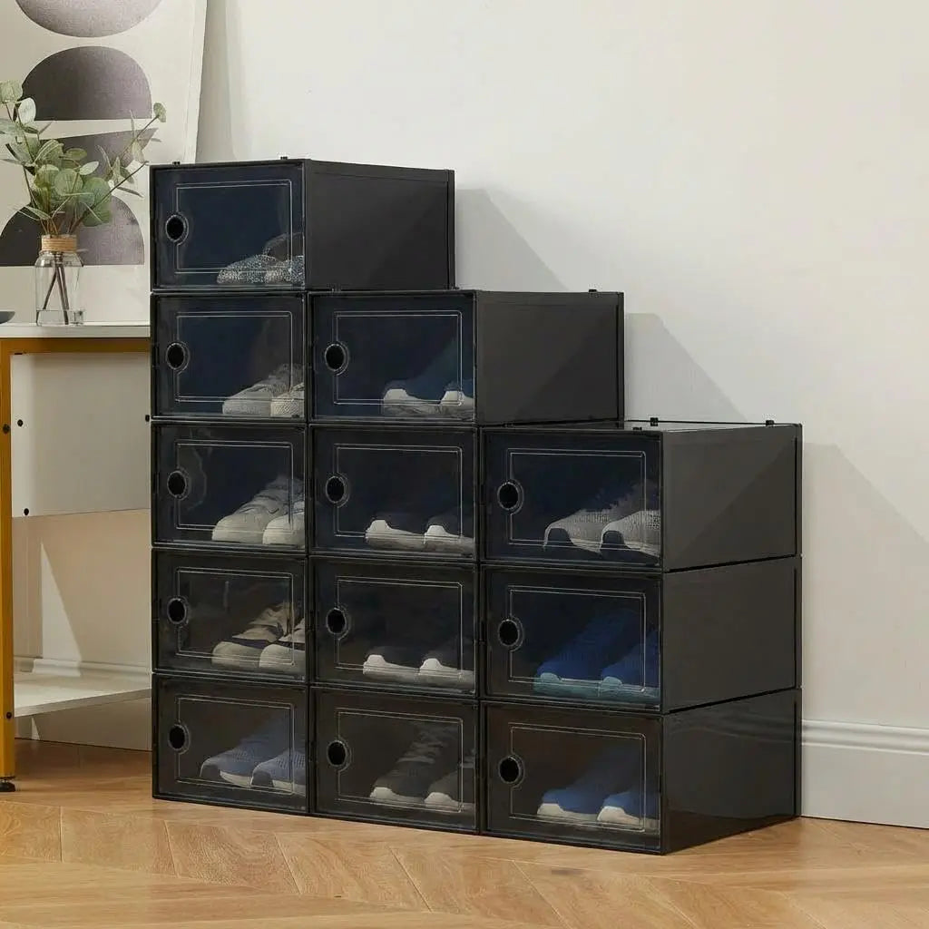 Garvee 15 Pcs Shoe Boxes, Transparent Stackable Plastic Shoe Organizer, Shoe Storage Containers with Lids for Women/Men, Black