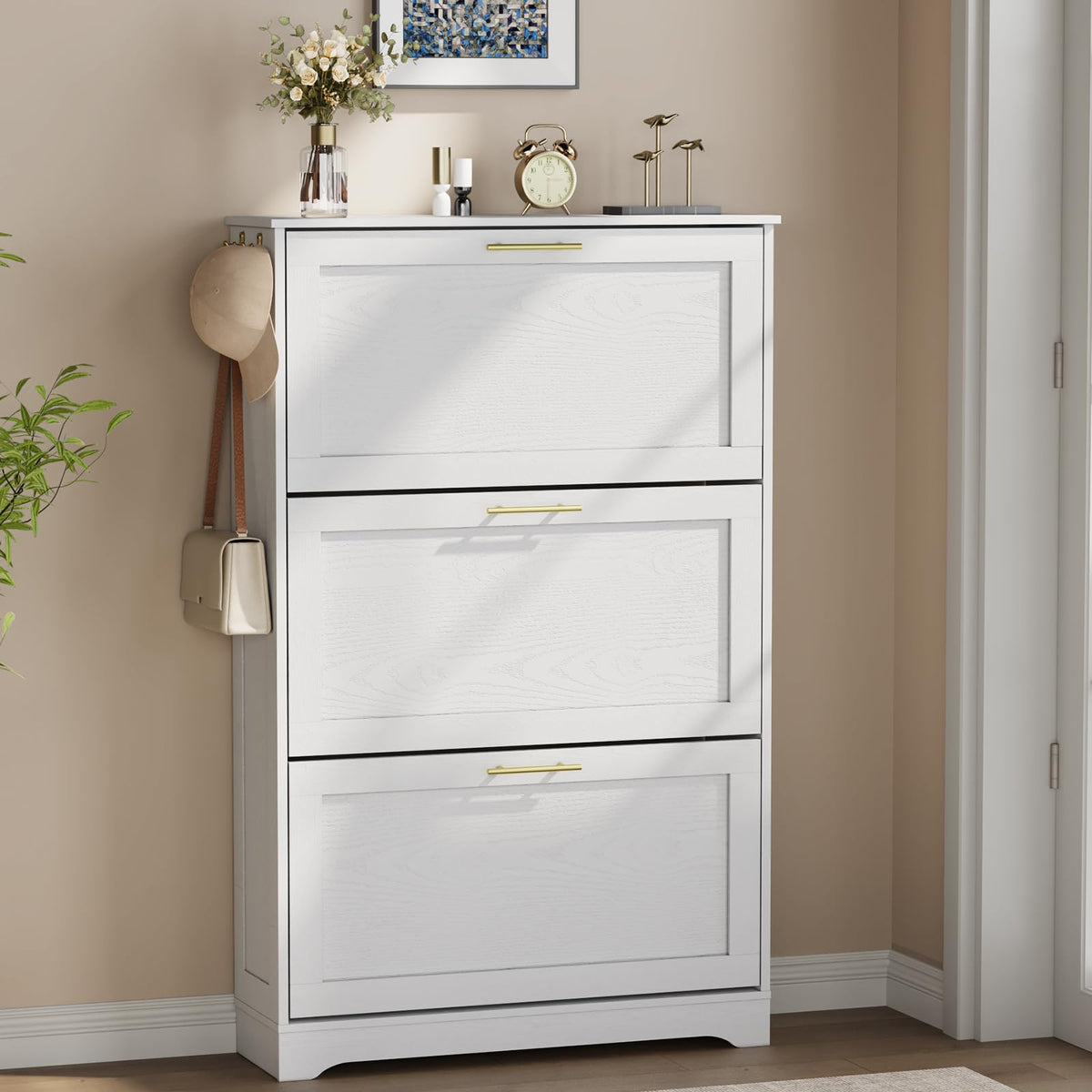 Slim Shoe Cabinet for Entryway with 2 Flip Drawers, 23.6" W White