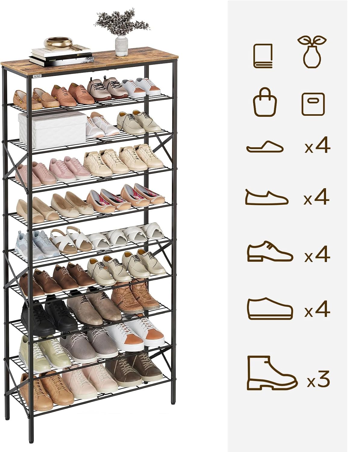 YATINEY 10 Tier Shoe Rack, Large Capacity Shoe Storage Organizer Holds 40 Pairs, Sturdy and Stable, for Entryway, Hallway, Closet, Dorm Room, Rustic Brown SS10BR