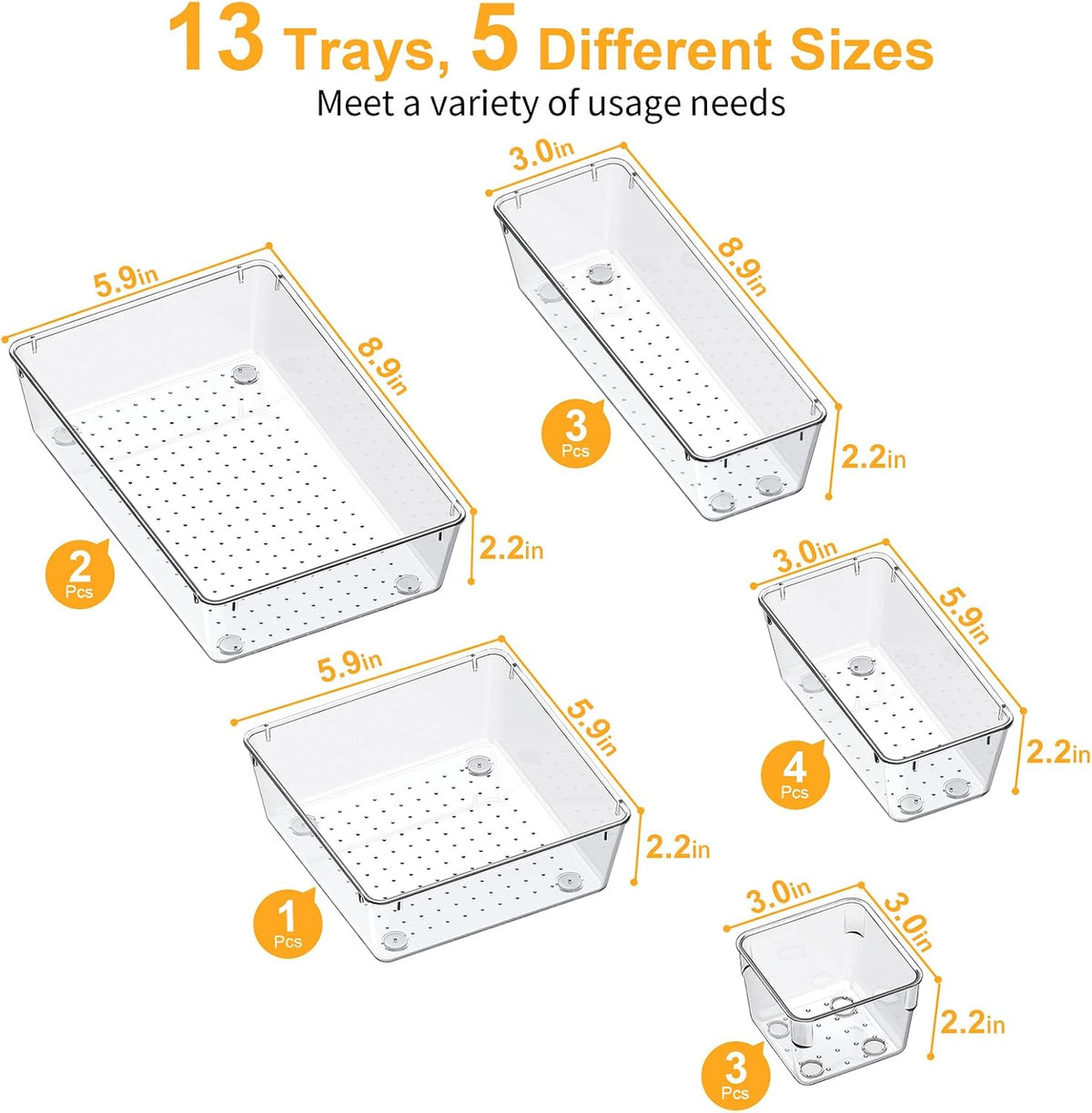 SMARTAKE 13-Piece Drawer Organizers with Non-Slip Silicone Pads, 5-Size