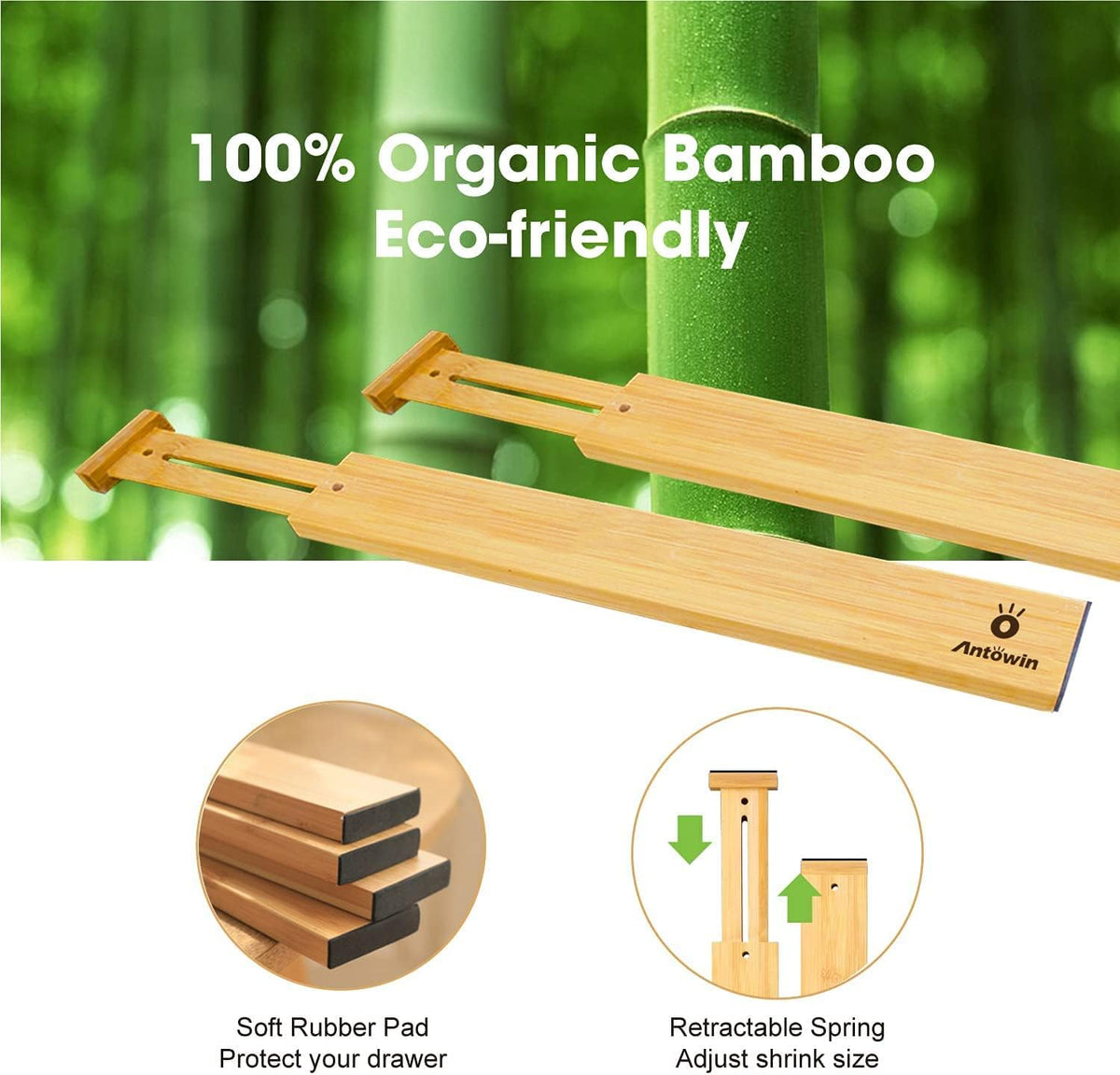 ANTOWIN Bamboo Drawer Dividers Organizers, Drawer Separators Splitter,13-17 inches Long Adjustable Spring-loaded Organizer for Large Utensil, Clothes, Tools Drawers (4+3)