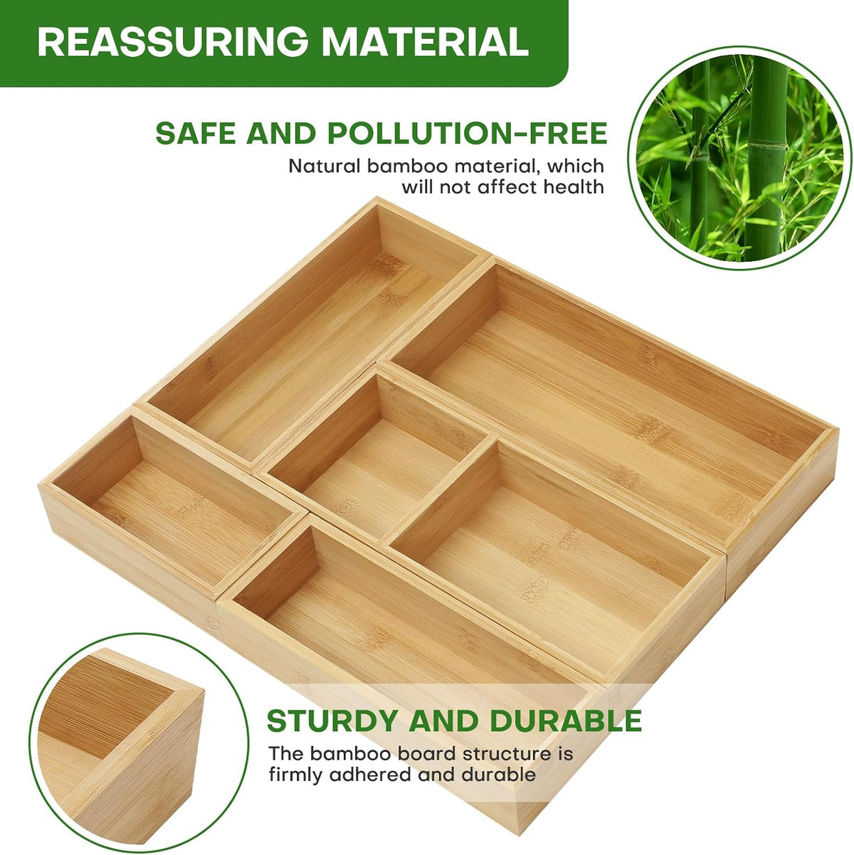 MapleGrace Bamboo Drawer Organizer Set, Individual Wood Storage Organizers