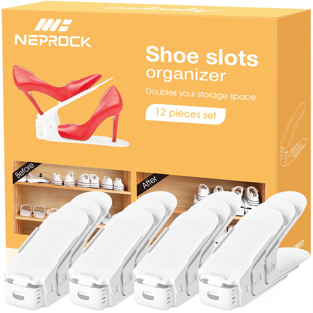 Neprock Shoe Slots Organizer, 20 Pack Adjustable Shoe Rack Stacker Storage Space Saver, Double Deck Shoe Rack Holder for Closet Organization (White)