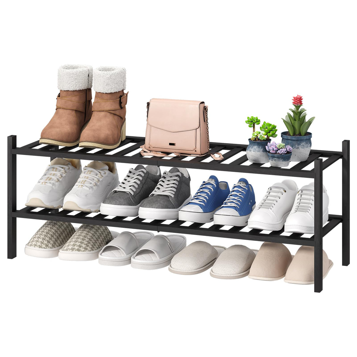 viewcare 4-Tier Bamboo Shoe Rack for Entryway, Stackable | Foldable | Natural, Shoe Organizer for Hallway Closet, Free Standing Shoe Racks for Indoor Outdoor