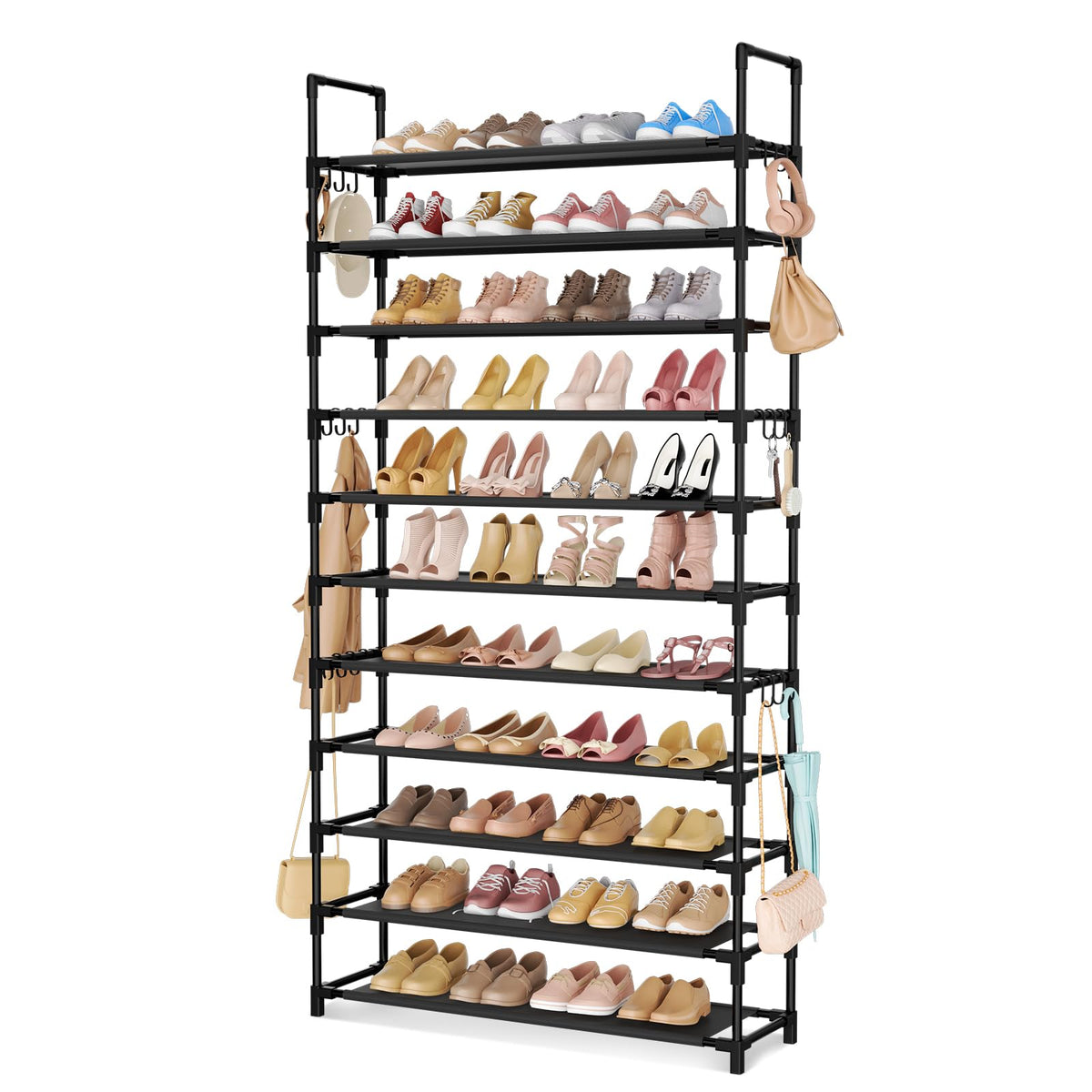 LANTEFUL 10 Tiers Shoe Rack 50 Pairs Large Capacity Tall Shoe Organizer Sturdy Shoe Storage with Two Hooks Space Saving Metal Wide Shoe Rack for Closet, Entryway, Bedroom, Black