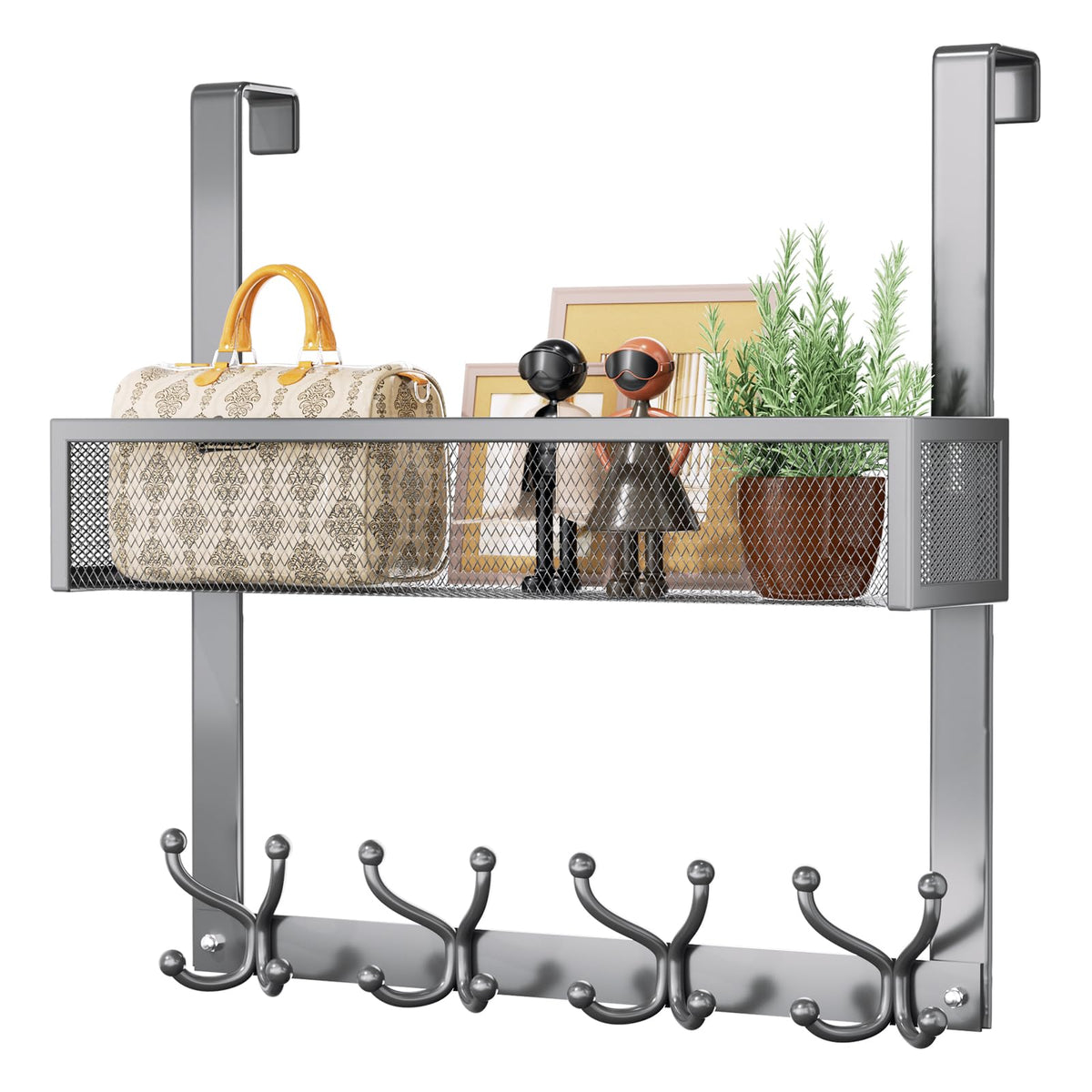 Consumest Over The Door Hooks Organizer - 3 Tier Door Hanger with 9 Coat Hooks & 2 Mesh Basket, Back Storage Organizer Hanging Towels for Bathroom, Bedroom, Black