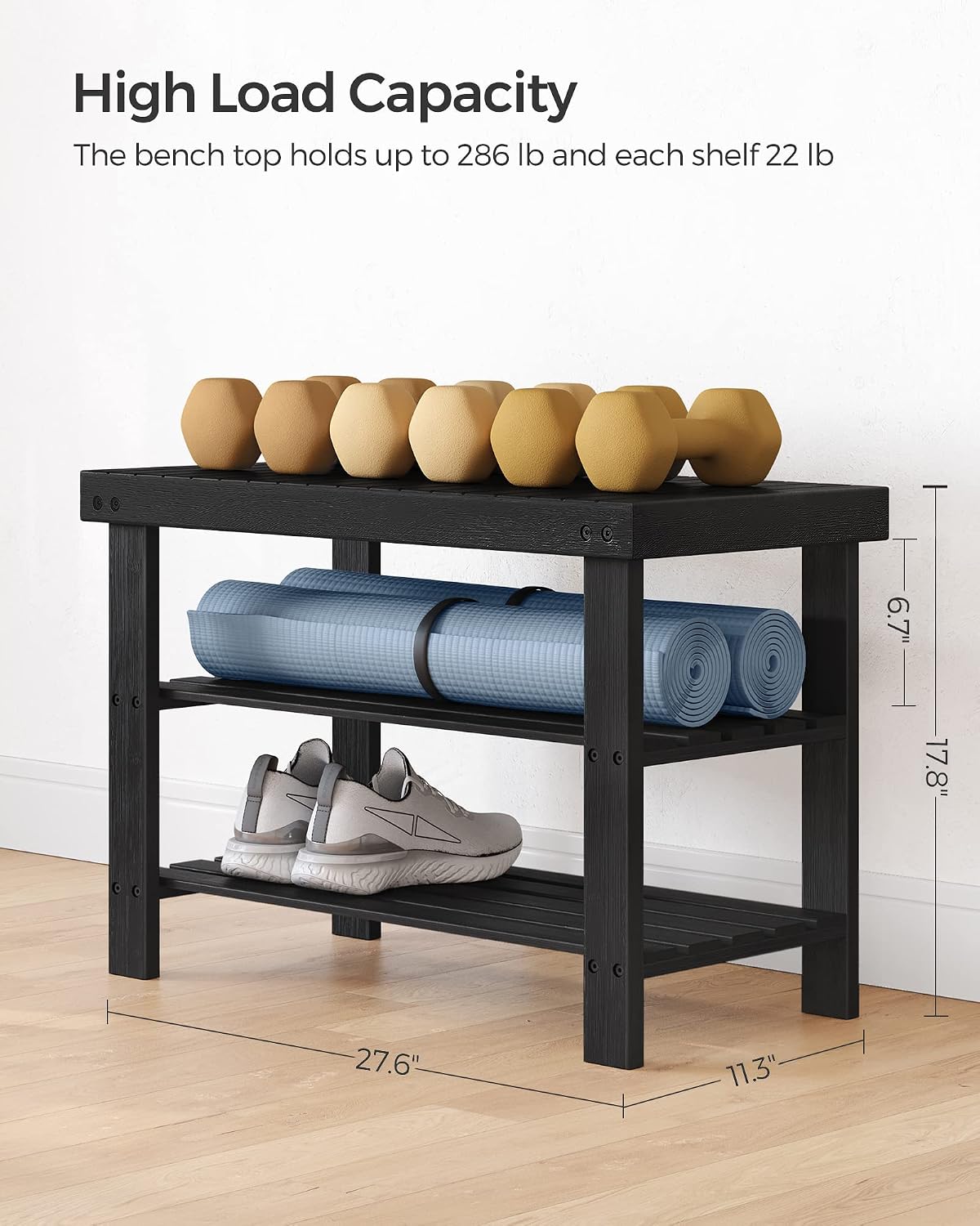 SONGMICS Shoe Rack Bench, 3-Tier Bamboo Entryway Bench, 27.6 Inches Width