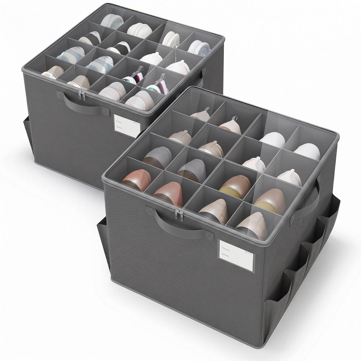 Varhomax Shoe Organizer Box for Closet, Small Fabric Shoe Storage Bin with Adjustable Dividers & Clear Cover, Saving Space Sneakers & Sandals Containers for Entryway, Cubby