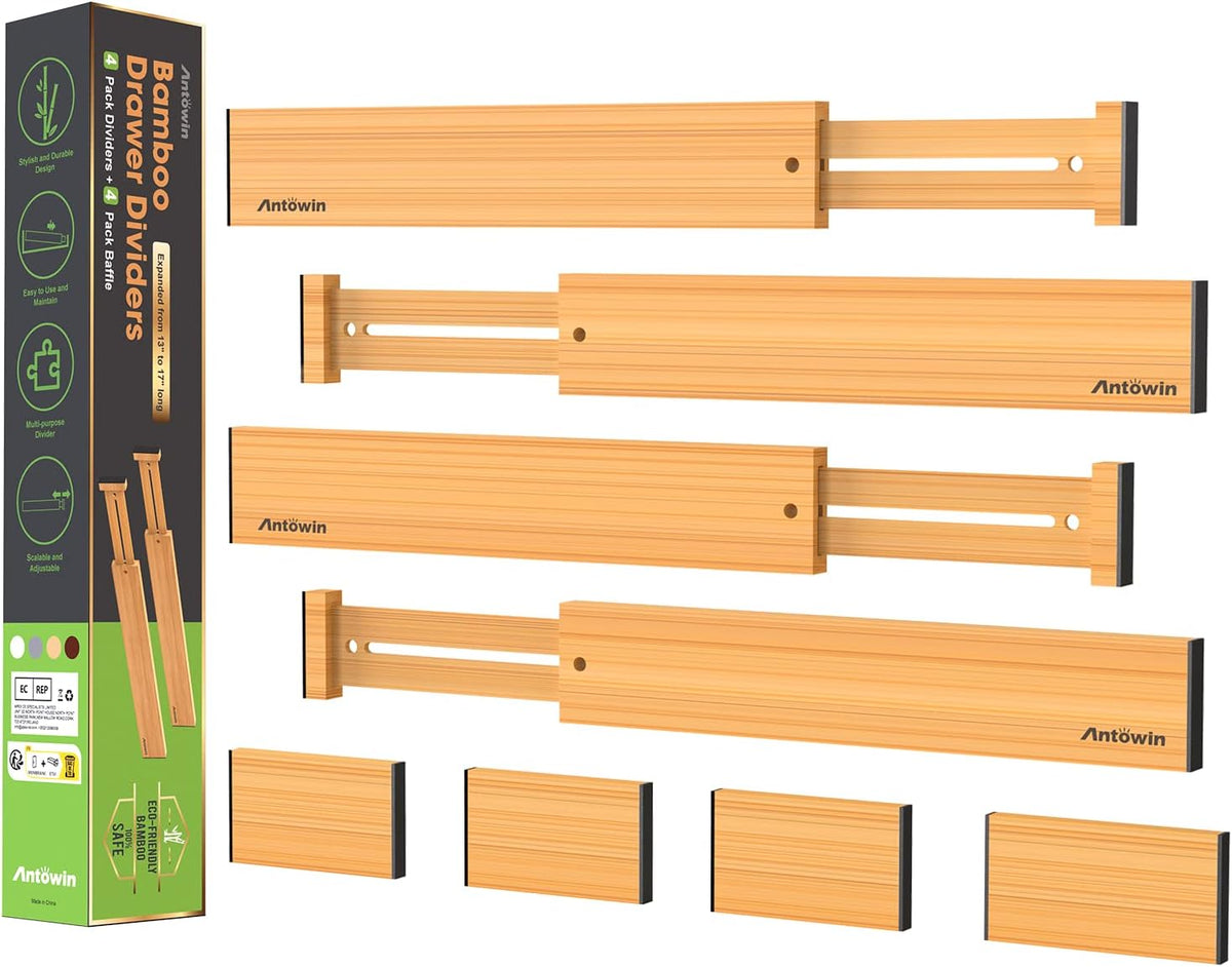ANTOWIN Bamboo Drawer Dividers Organizers, Drawer Separators Splitter,13-17 inches Long Adjustable Spring-loaded Organizer for Large Utensil, Clothes, Tools Drawers (4+3)