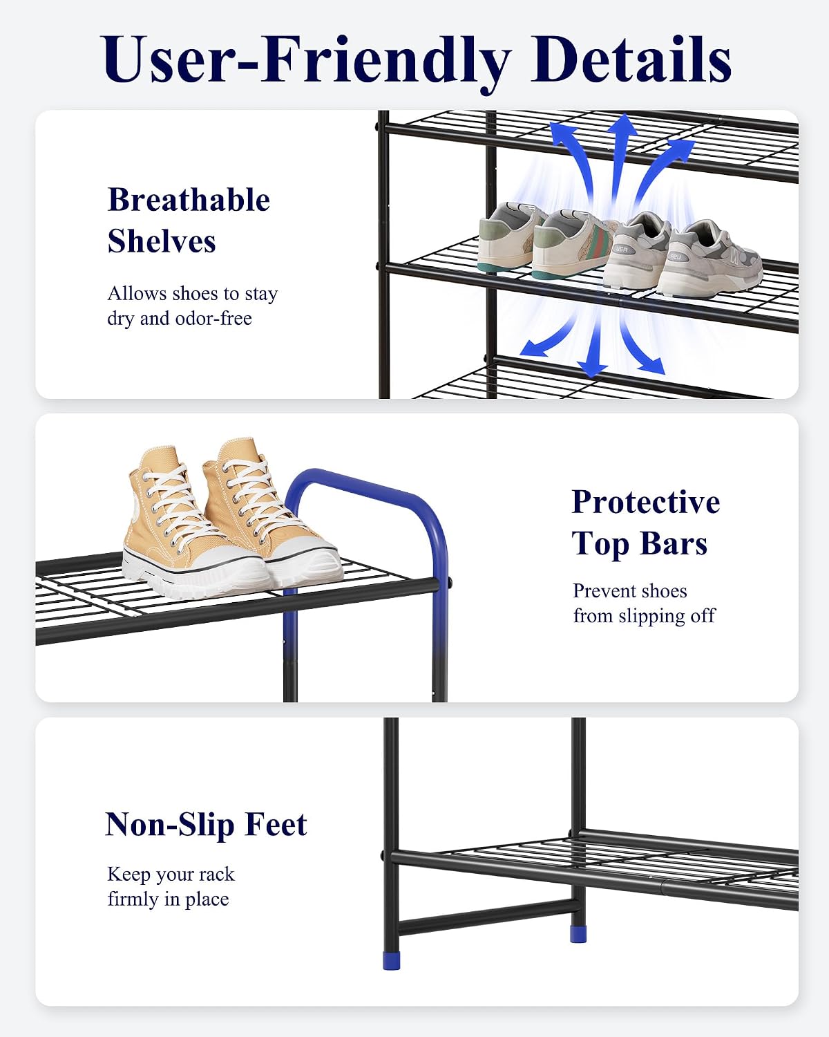 Kitsure Stainless Steel Shoe Rack Organizer, 25.6" Wide - 3 Tier, Black
