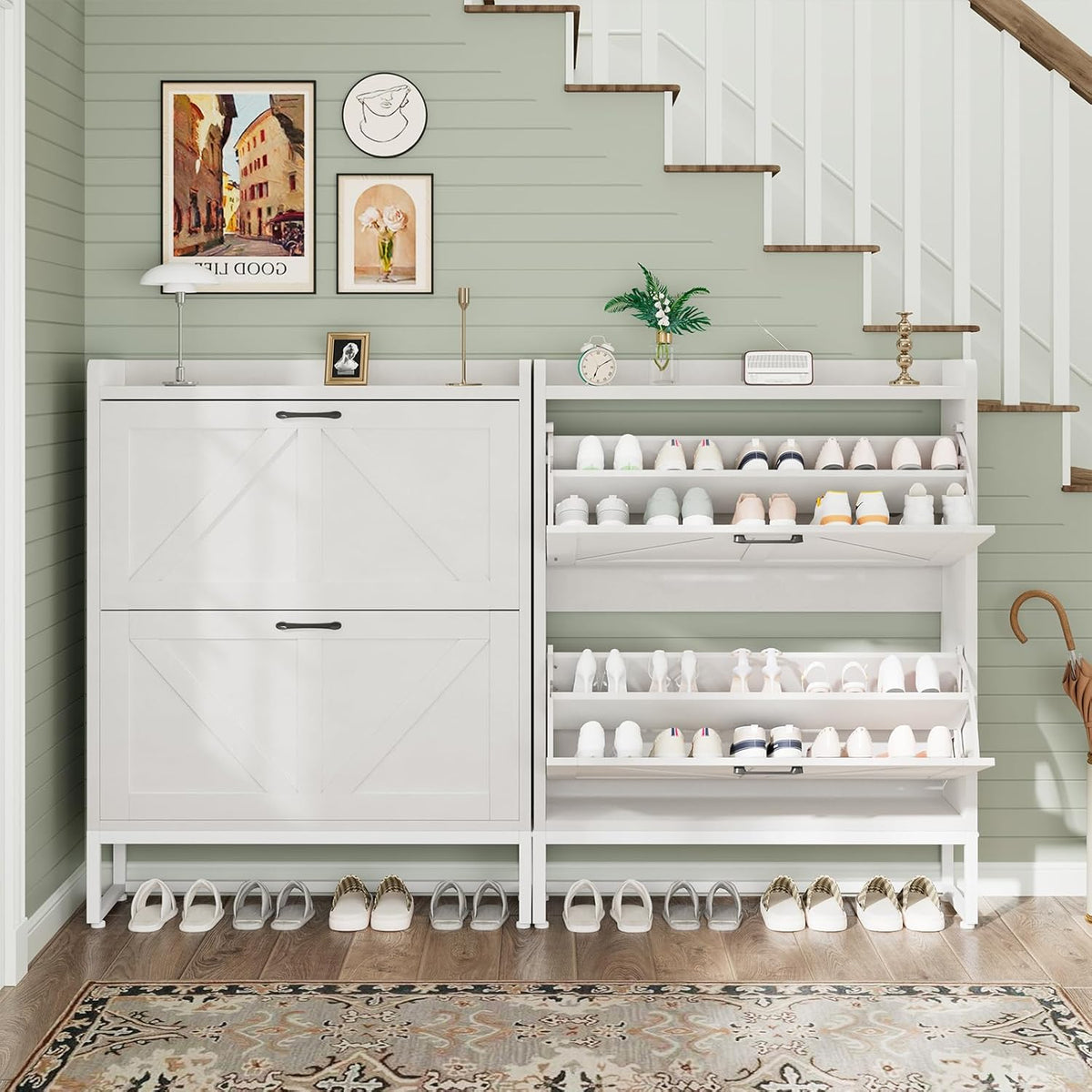 GRUSIGN Shoe Cabinet, Shoe Storage Cabinet with 2 Flip Drawers & Adjustable Shelf, Space-Saving Shoe Organizer – Holds 16+ Pairs, Narrow Shoe Cabinet Storage for Entryway/Hallway(White)