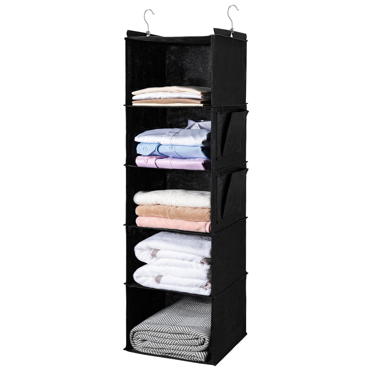 BOOMIBOO Hanging Closet Organize and Shelves,5-Hanging Shelf with 2 Side Pockets,Storage Foldable (Grey)