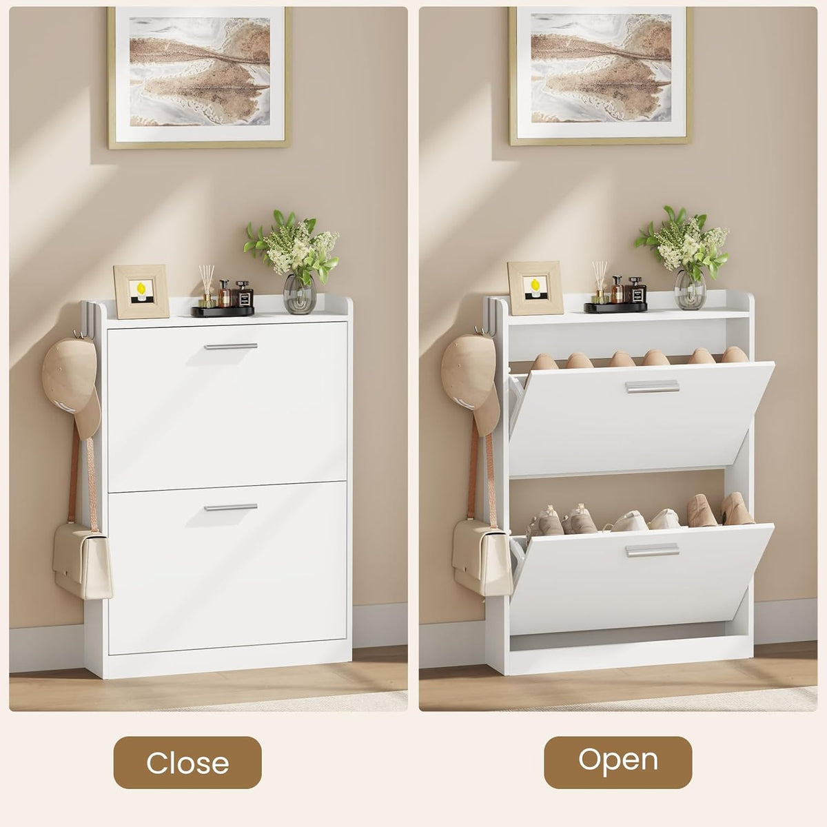Slim Shoe Cabinet for Entryway with 2 Flip Drawers, 23.6" W White
