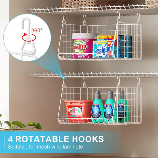 3-Tier Hanging Laundry Basket Organizer:Foldable Wire Shelf Laundry Room Organizer with 360°Rotating Hooks Small Space Solutions Closet Hanging Organizer - Laundry Organization, White Patent