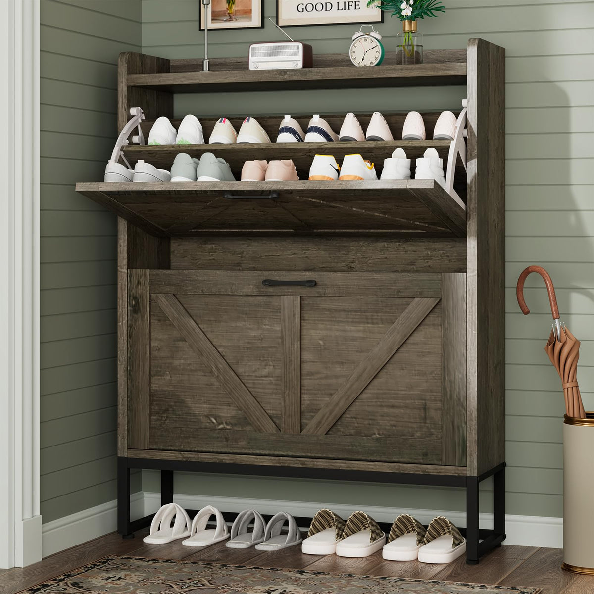 GRUSIGN Shoe Cabinet, Shoe Storage Cabinet with 2 Flip Drawers & Adjustable Shelf, Space-Saving Shoe Organizer – Holds 16+ Pairs, Narrow Shoe Cabinet Storage for Entryway/Hallway(White)