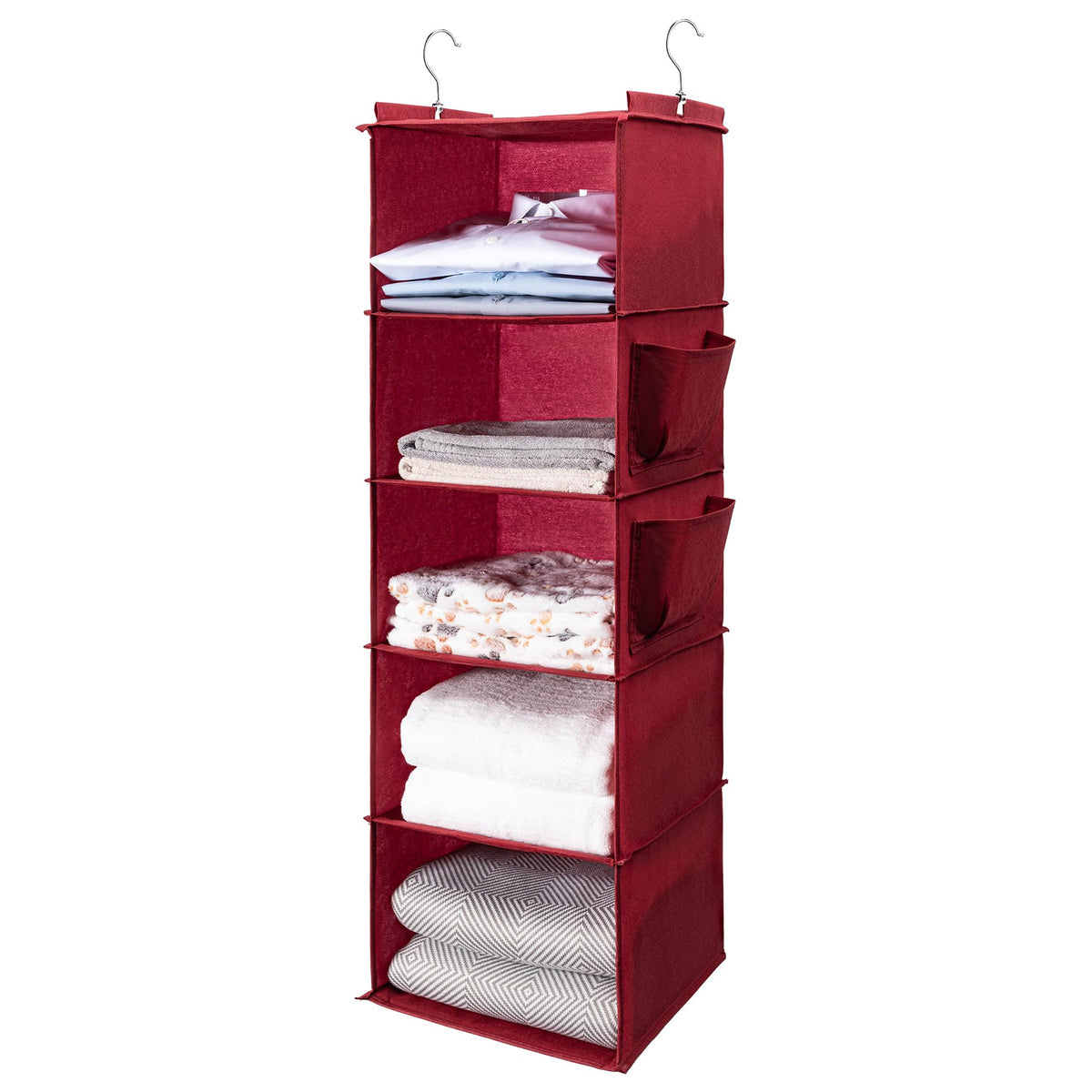 BOOMIBOO Hanging Closet Organize and Shelves,5-Hanging Shelf with 2 Side Pockets,Storage Foldable (Grey)