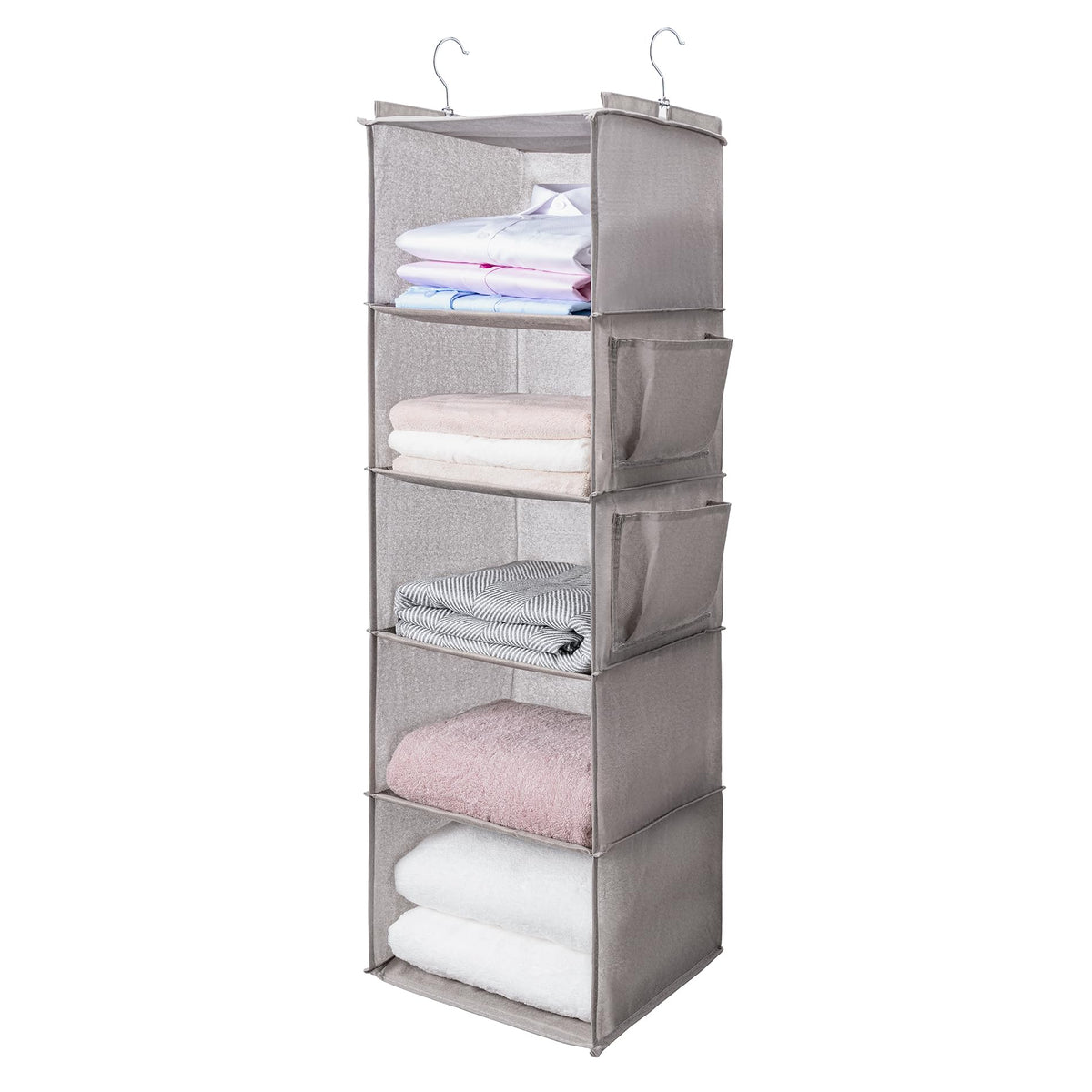 BOOMIBOO Hanging Closet Organize and Shelves,5-Hanging Shelf with 2 Side Pockets,Storage Foldable (Grey)