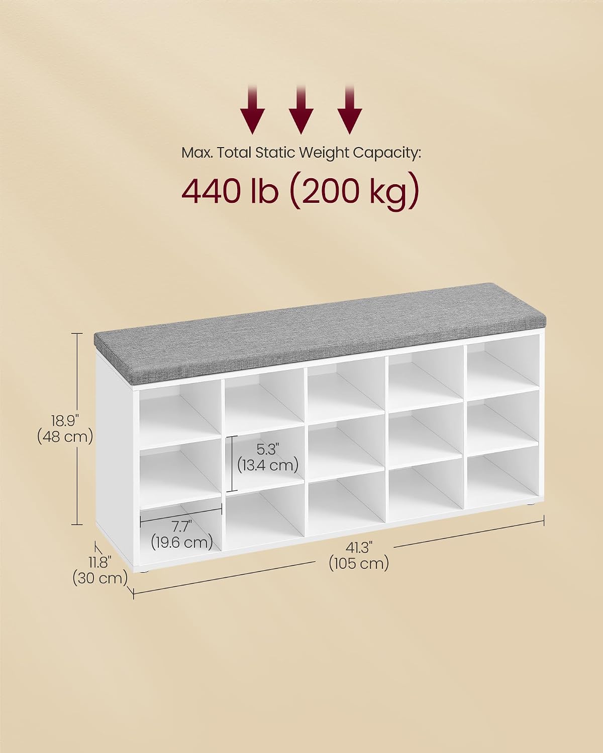 VASAGLE Shoe Bench with Cushion, 15 Compartments, 11.8 x 41.3 x 18.9 Inches