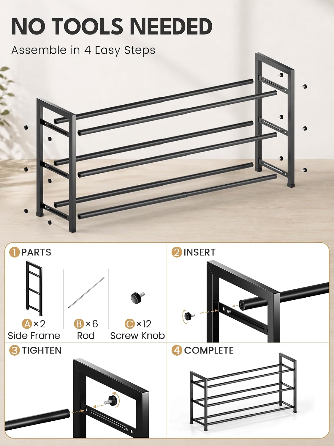 Bumusty 3 Tier Expandable Shoe Rack for Closet, Black
