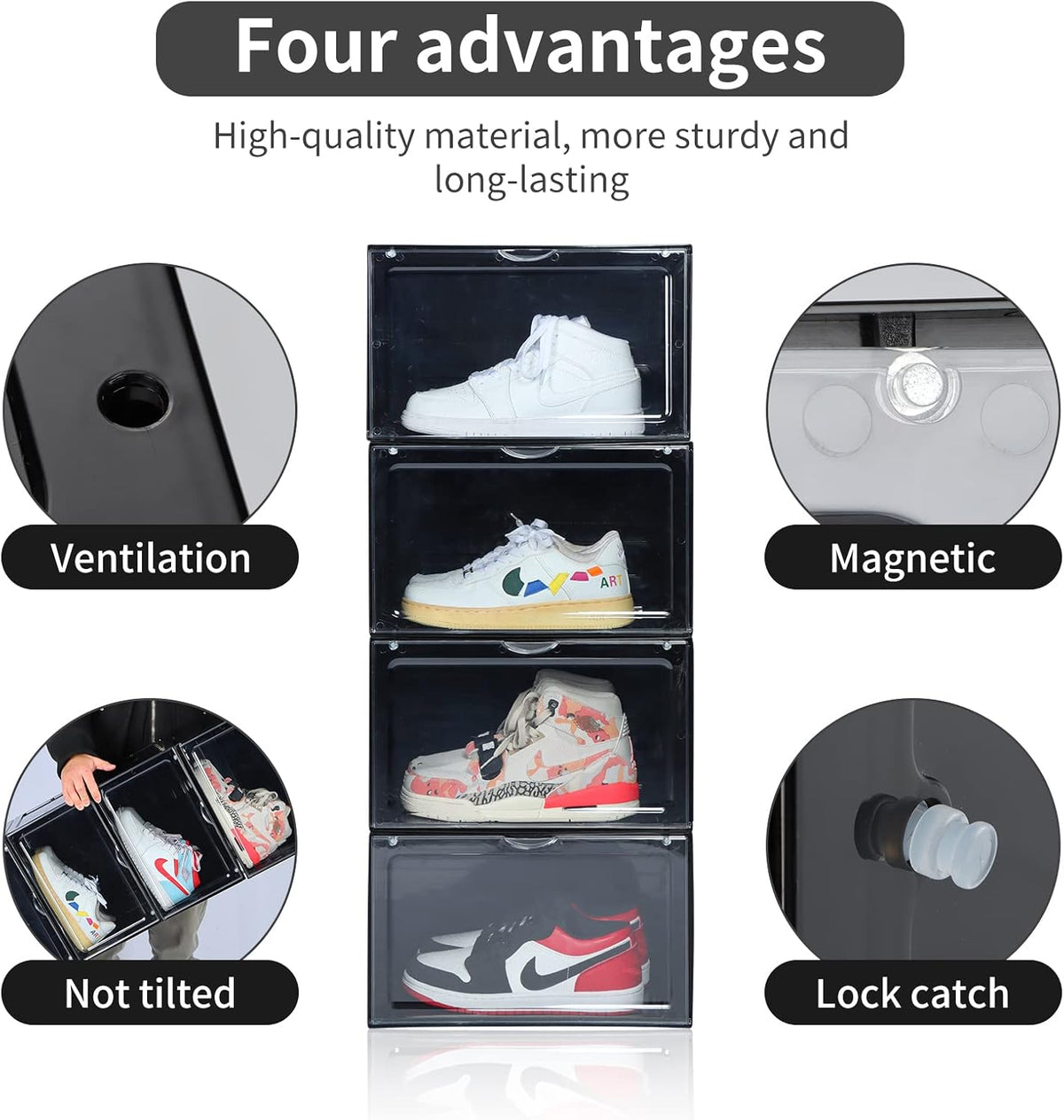 XL clear shoe storage boxes stackable, 8 Pack Large Shoe Boxes Clear Plastic Stackable, Drop side Sneaker Container Fit Size 13 (Black 8 Pack)