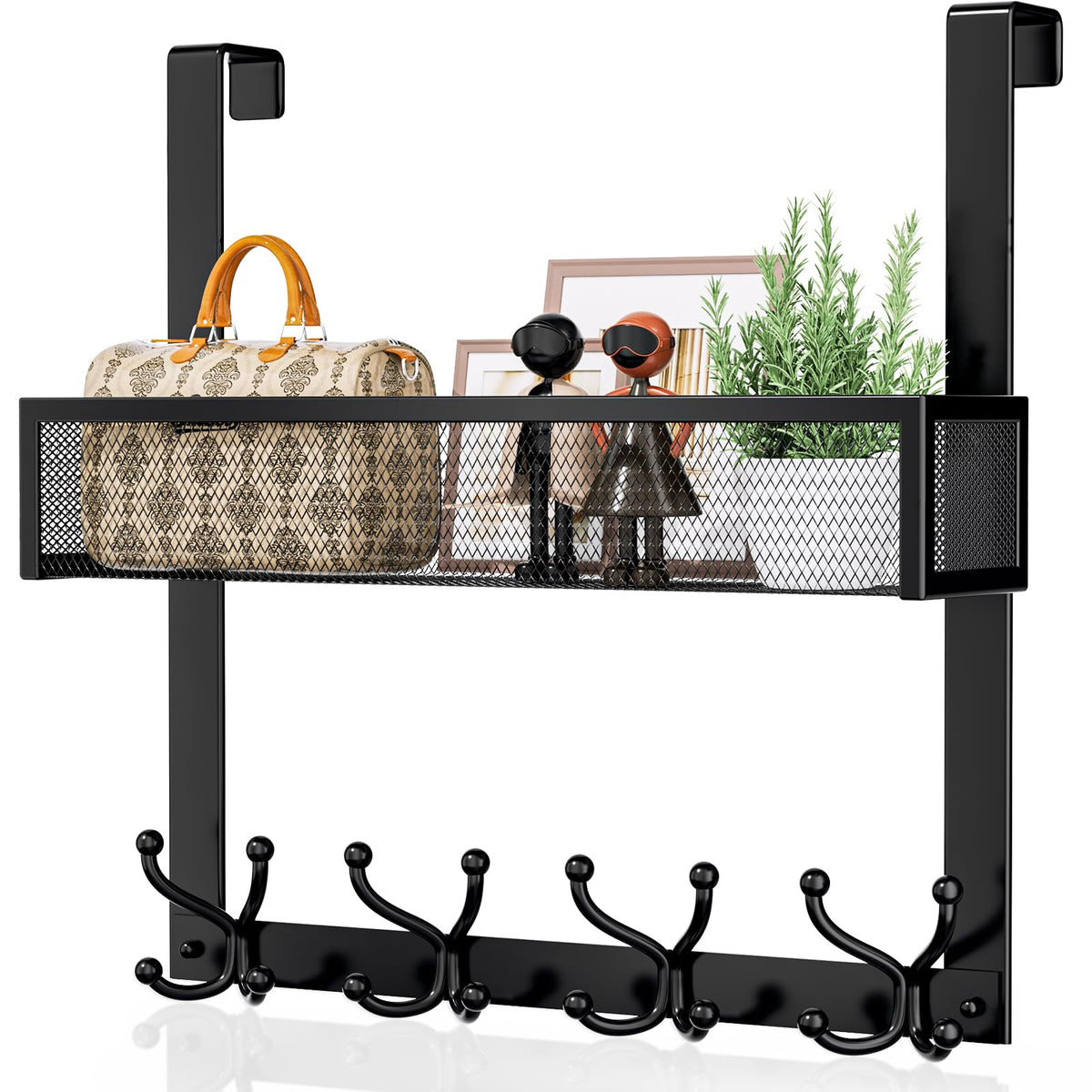 Consumest Over The Door Hooks Organizer - 3 Tier Door Hanger with 9 Coat Hooks & 2 Mesh Basket, Back Storage Organizer Hanging Towels for Bathroom, Bedroom, Black