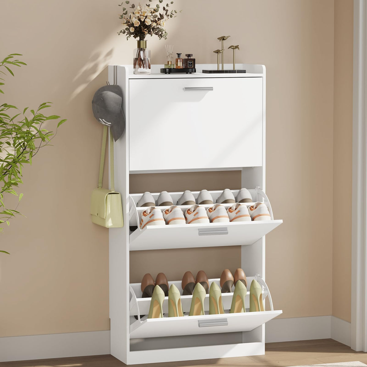 Slim Shoe Cabinet for Entryway with 2 Flip Drawers, 23.6" W White