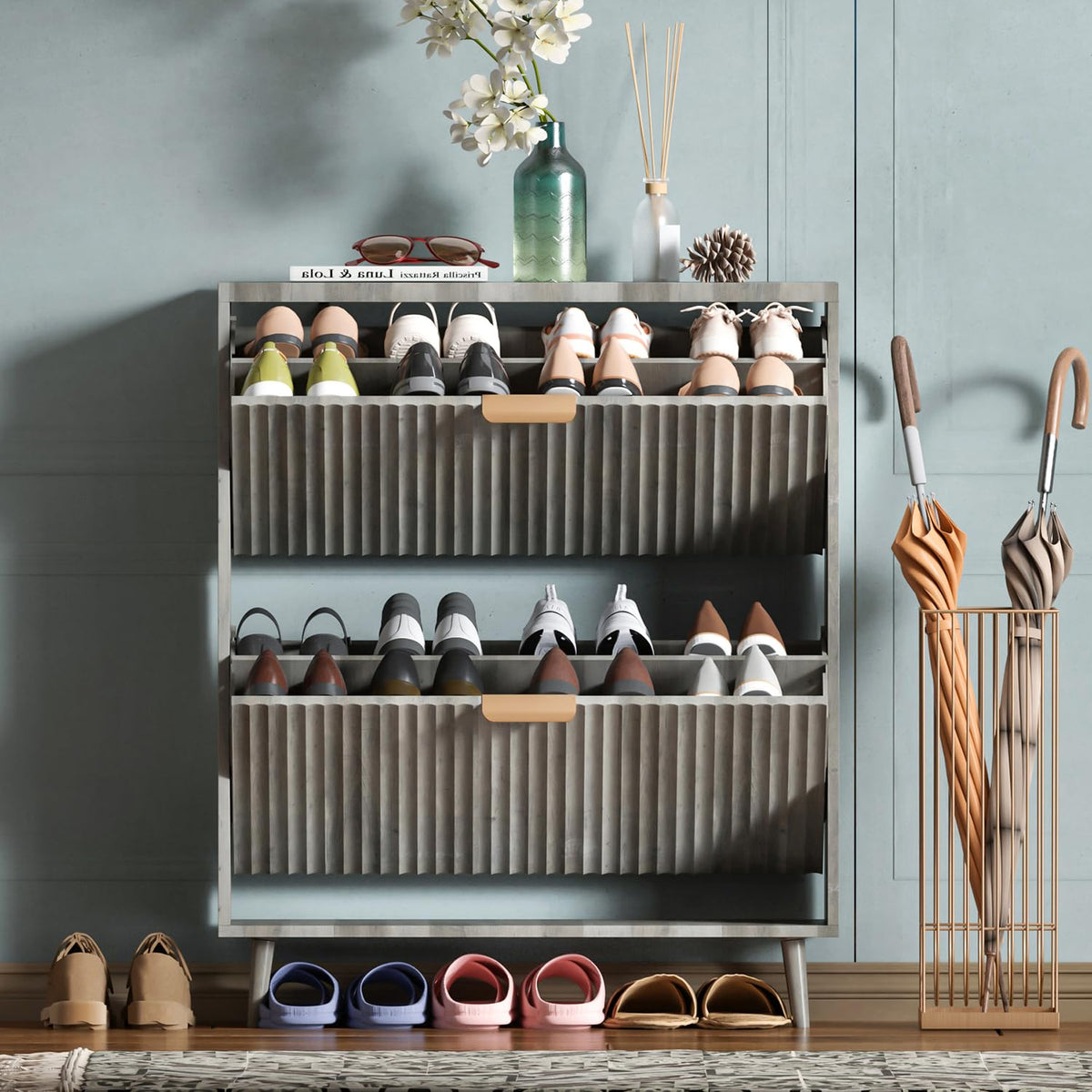 Shoe Cabinet Storage, Modern Freestanding Organizer with 2 Flip Drawers, Narrow Shoe Rack for Entryway, Walnut